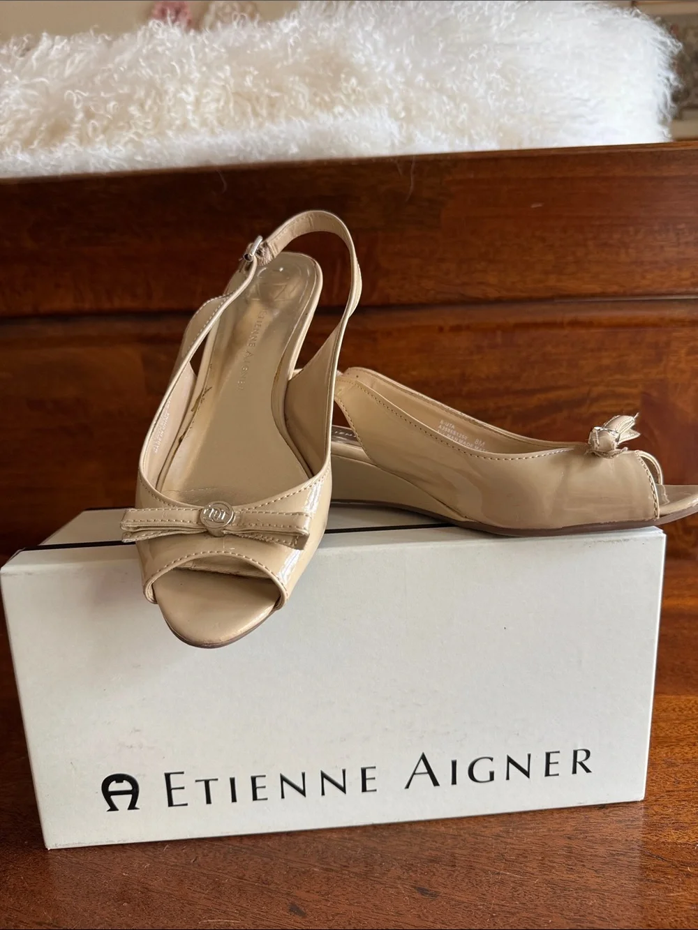 Etienne Aigner Women's Nude Beige Patent Slingback Peep-Toe Wedges
